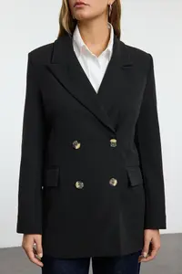 TRENDYOLMİLLA Black Oversized Lined Double breasted Kapama Weaving Blazer Jacket - Image 4