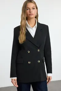 TRENDYOLMİLLA Black Oversized Lined Double breasted Kapama Weaving Blazer Jacket - Image 7