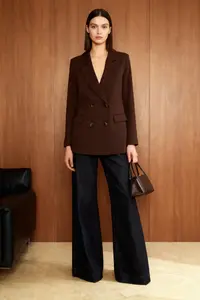 TRENDYOLMİLLA Dark Brown Lined Double breasted Kapama Weaving Blazer Jacket