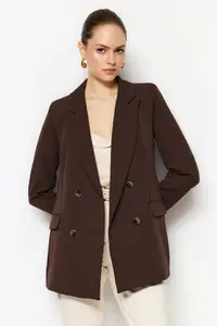 TRENDYOLMİLLA Dark Brown Lined Double breasted Kapama Weaving Blazer Jacket - Image 2