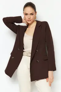TRENDYOLMİLLA Dark Brown Lined Double breasted Kapama Weaving Blazer Jacket - Image 3