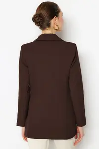 TRENDYOLMİLLA Dark Brown Lined Double breasted Kapama Weaving Blazer Jacket - Image 5