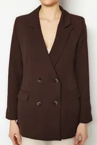 TRENDYOLMİLLA Dark Brown Lined Double breasted Kapama Weaving Blazer Jacket - Image 6