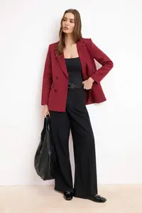 TRENDYOLMİLLA Burgundy Regular Lined Double breasted Kapama Weaving Blazer Jacket - Image 2