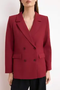 TRENDYOLMİLLA Burgundy Regular Lined Double breasted Kapama Weaving Blazer Jacket - Image 3