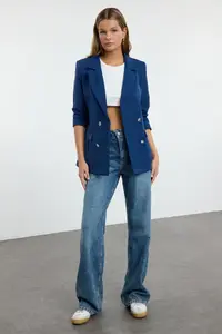 TRENDYOLMİLLA Indigo Regular Lined Double breasted Kapama Weaving Blazer Jacket - Image 2