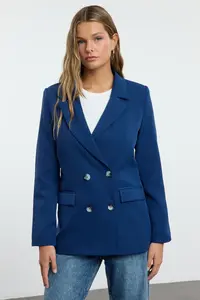 TRENDYOLMİLLA Indigo Regular Lined Double breasted Kapama Weaving Blazer Jacket - Image 3