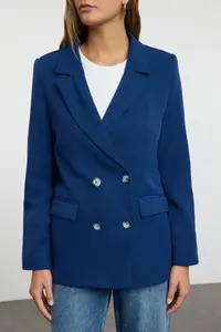 TRENDYOLMİLLA Indigo Regular Lined Double breasted Kapama Weaving Blazer Jacket - Image 4