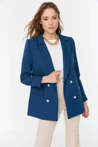 TRENDYOLMİLLA Indigo Regular Lined Double breasted Kapama Weaving Blazer Jacket - Image 7