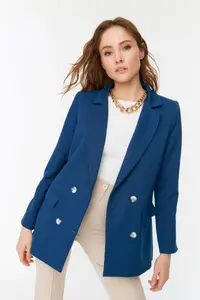 TRENDYOLMİLLA Indigo Regular Lined Double breasted Kapama Weaving Blazer Jacket - Image 8