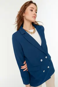 TRENDYOLMİLLA Indigo Regular Lined Double breasted Kapama Weaving Blazer Jacket - Image 9