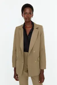 TRENDYOLMİLLA Light Khaki Regular Lined Double breasted Kapama Weaving Blazer Jacket - Image 2