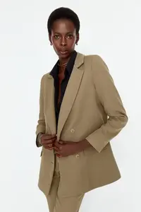 TRENDYOLMİLLA Light Khaki Regular Lined Double breasted Kapama Weaving Blazer Jacket - Image 3