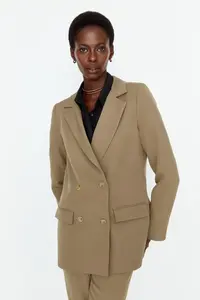 TRENDYOLMİLLA Light Khaki Regular Lined Double breasted Kapama Weaving Blazer Jacket - Image 4