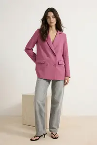 TRENDYOLMİLLA Pink Regular Lined Double breasted Kapama Weaving Blazer Jacket - Image 2