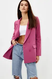 TRENDYOLMİLLA Pink Regular Lined Double breasted Kapama Weaving Blazer Jacket - Image 3