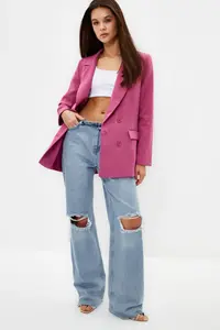 TRENDYOLMİLLA Pink Regular Lined Double breasted Kapama Weaving Blazer Jacket - Image 4
