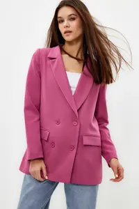 TRENDYOLMİLLA Pink Regular Lined Double breasted Kapama Weaving Blazer Jacket - Image 5