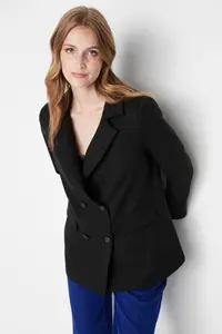 TRENDYOLMİLLA Black Regular Lined buttoned Weaving Blazer Jacket - Image 2