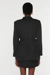 TRENDYOLMİLLA Black Belted Regular Lined Double breasted Kapama Weaving Blazer Jacket - Image 7