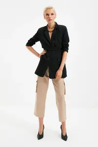 TRENDYOLMİLLA Black Belted Regular Lined Double breasted Kapama Weaving Blazer Jacket - Image 9