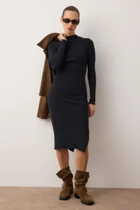 TRENDYOLMİLLA Black Bodycon Slit Crew Neck Midi Ribbed Flexible Knitting Pen Dress - Image 2