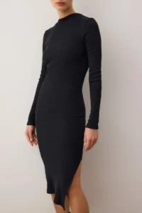 TRENDYOLMİLLA Black Bodycon Slit Crew Neck Midi Ribbed Flexible Knitting Pen Dress - Image 3