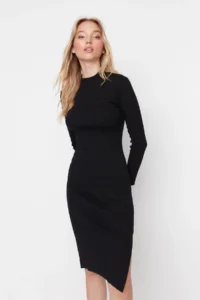 TRENDYOLMİLLA Black Bodycon Slit Crew Neck Midi Ribbed Flexible Knitting Pen Dress - Image 7