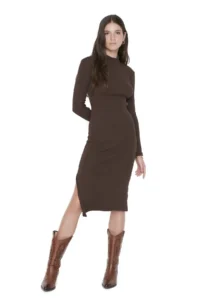 TRENDYOLMİLLA Brown Fitted Slit Crew Neck Midi Ribbed Flexible Knitting Dress - Image 3