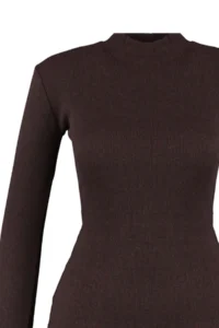 TRENDYOLMİLLA Brown Fitted Slit Crew Neck Midi Ribbed Flexible Knitting Dress - Image 7