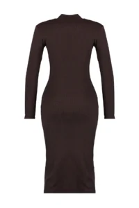TRENDYOLMİLLA Brown Fitted Slit Crew Neck Midi Ribbed Flexible Knitting Dress - Image 9