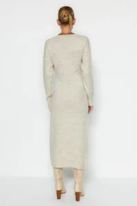 TRENDYOLMİLLA Stone Soft textured Midi Knitwear Double breasted Collar tied up Dress - Image 5
