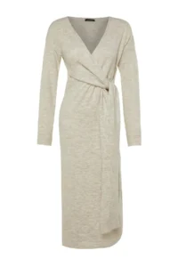 TRENDYOLMİLLA Stone Soft textured Midi Knitwear Double breasted Collar tied up Dress - Image 6