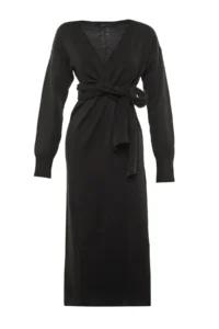 TRENDYOLMİLLA Black Soft textured Midi Double breasted Collar Binding Detailed Knit Dress - Image 8