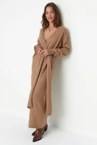 TRENDYOLMİLLA Camel Soft textured Midi Knitwear Double breasted Collar Binding Detailed Dress