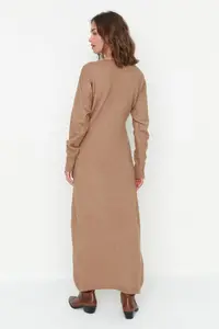 TRENDYOLMİLLA Camel Soft textured Midi Knitwear Double breasted Collar Binding Detailed Dress - Image 5