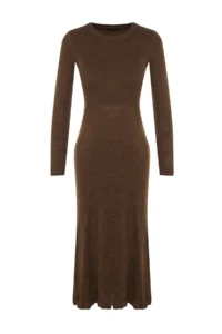 TRENDYOLMİLLA Brown Midi Knitwear Crew Neck Dress - Image 8