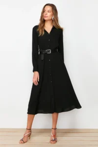 TRENDYOLMİLLA Black Arched Midi Weaving Shirt Dress