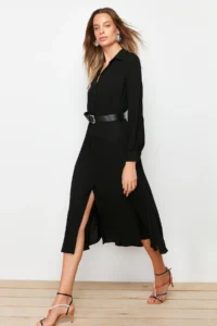 TRENDYOLMİLLA Black Arched Midi Weaving Shirt Dress - Image 2