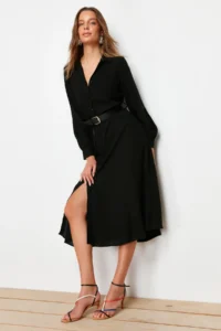 TRENDYOLMİLLA Black Arched Midi Weaving Shirt Dress - Image 3