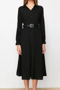 TRENDYOLMİLLA Black Arched Midi Weaving Shirt Dress - Image 4