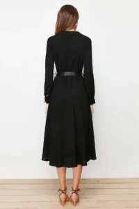TRENDYOLMİLLA Black Arched Midi Weaving Shirt Dress - Image 6