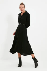 TRENDYOLMİLLA Black Arched Midi Weaving Shirt Dress - Image 7