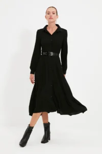 TRENDYOLMİLLA Black Arched Midi Weaving Shirt Dress - Image 8
