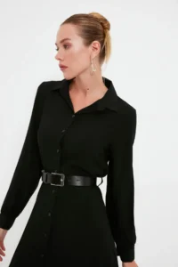 TRENDYOLMİLLA Black Arched Midi Weaving Shirt Dress - Image 9