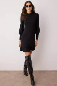 TRENDYOLMİLLA Black A Cut Dog collar Skirt Shirred Mini Weaving Dress