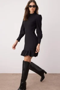TRENDYOLMİLLA Black A Cut Dog collar Skirt Shirred Mini Weaving Dress - Image 2