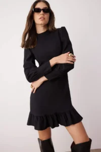 TRENDYOLMİLLA Black A Cut Dog collar Skirt Shirred Mini Weaving Dress - Image 3