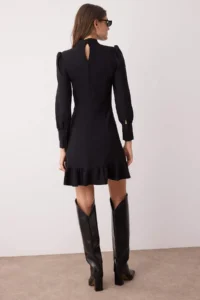 TRENDYOLMİLLA Black A Cut Dog collar Skirt Shirred Mini Weaving Dress - Image 4