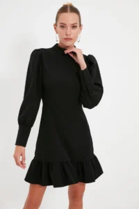 TRENDYOLMİLLA Black A Cut Dog collar Skirt Shirred Mini Weaving Dress - Image 5